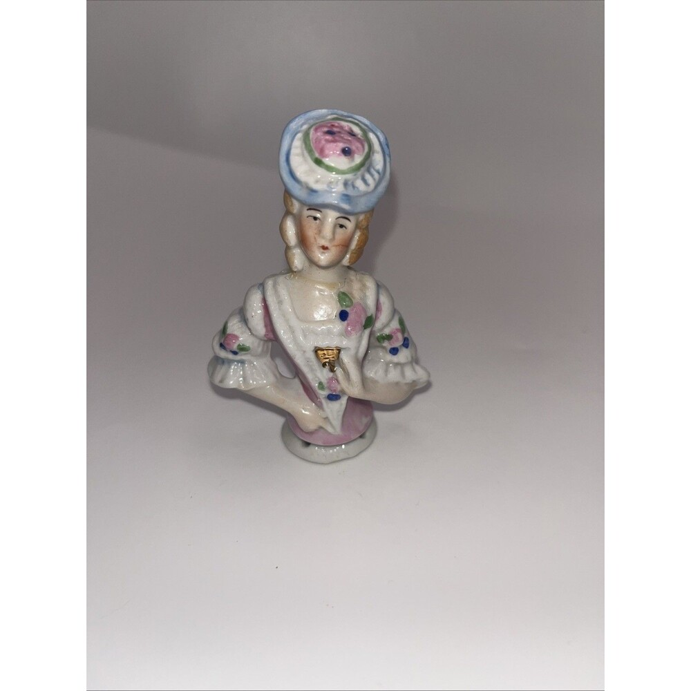 German Porcelain Half Doll Pincushion Doll Pin Cushion Doll Lady Pink Vintage